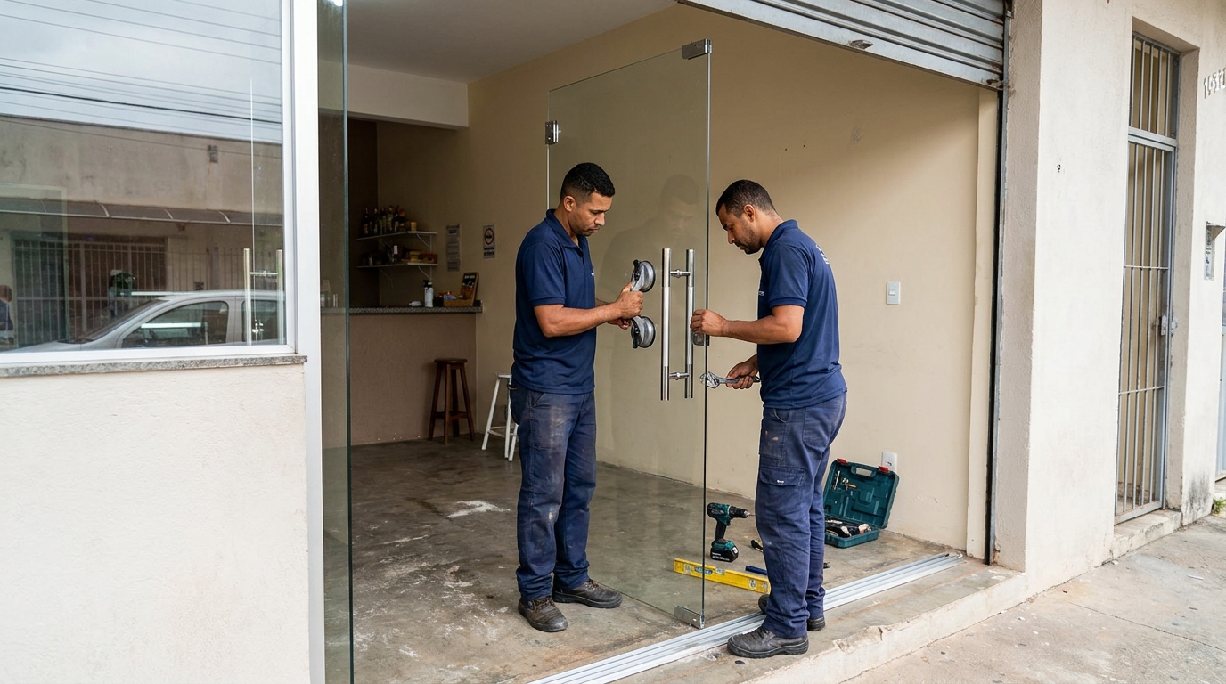 Dupla instalando porta de vidro em loja em Diadema-SP